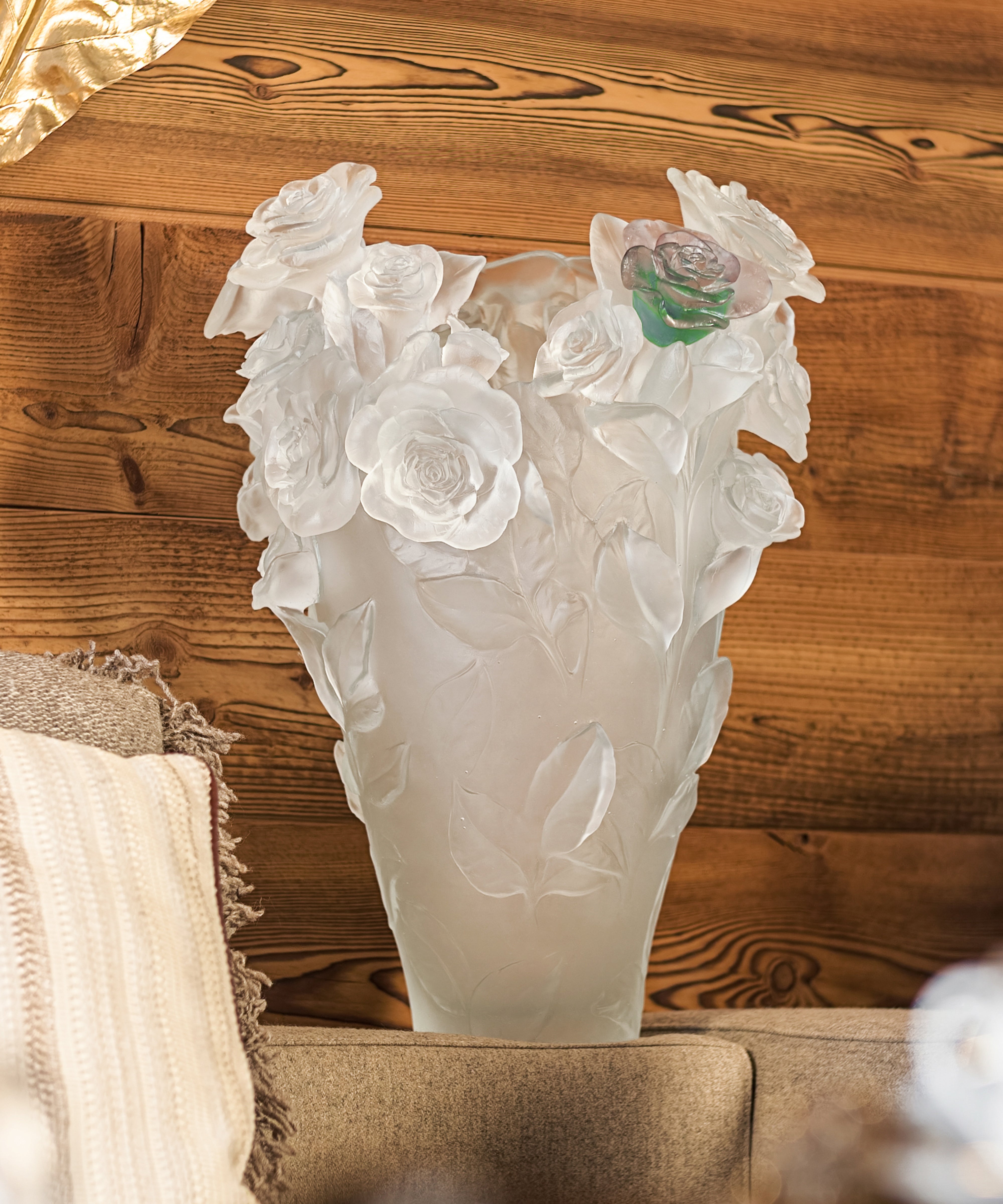 Rose Passion Vase magnum Blanc, fleur verte et rose 50ex - Daum