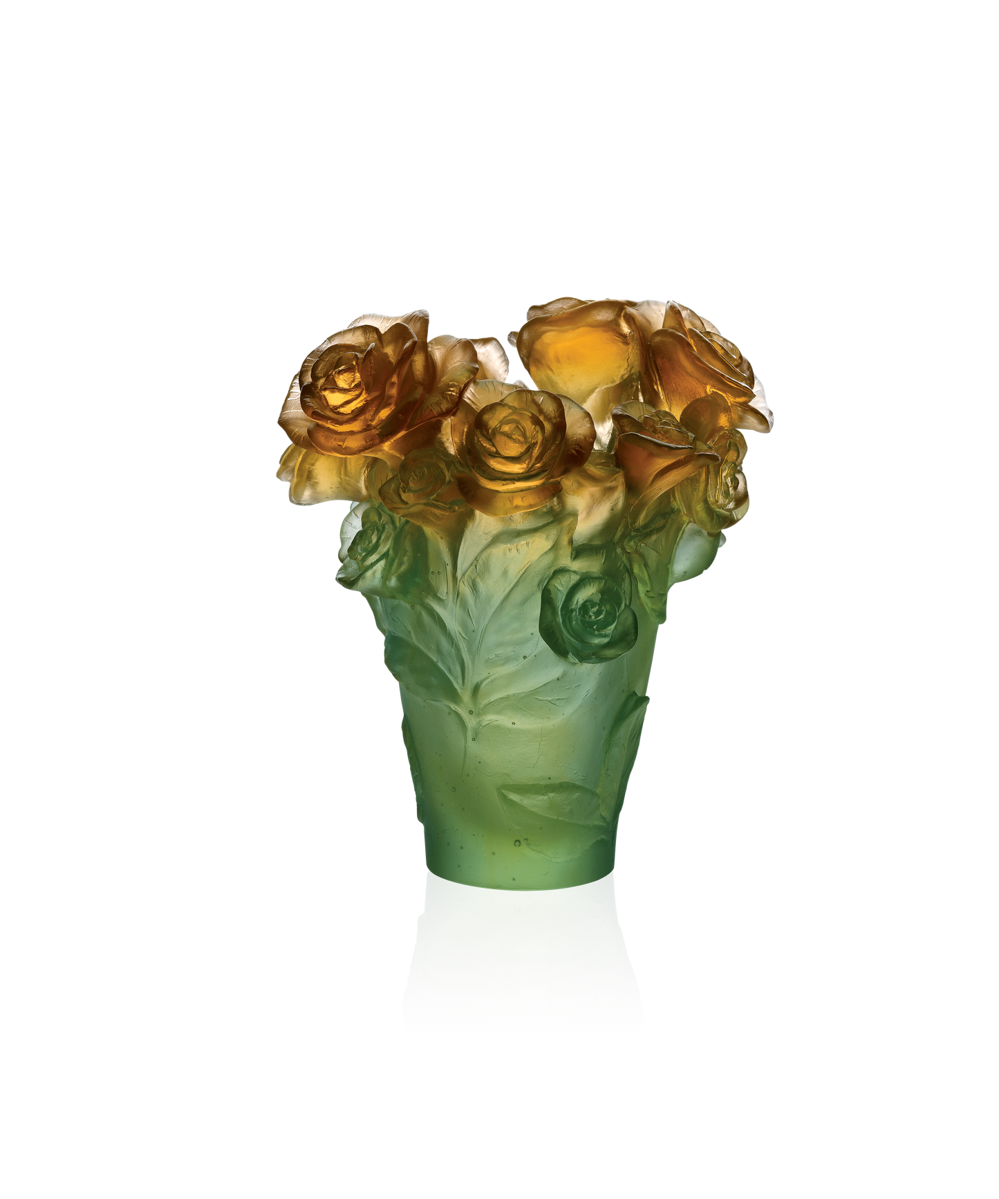 Vase Rose Passion petit modèle de Daum, en verre vert et orange, avec motif floral élégant et finition artisanale.
