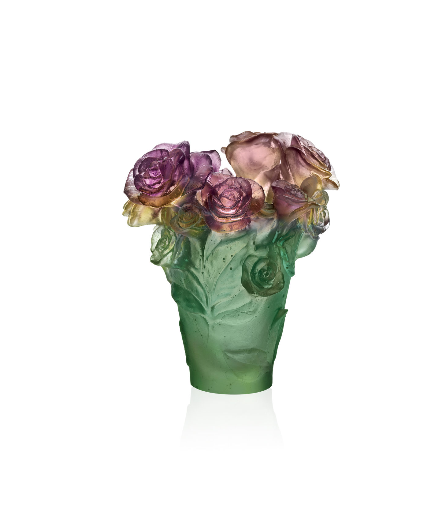Vase Rose Passion petit modèle de Daum avec verre vert et rose, décoration élégante et colorée pour intérieur.