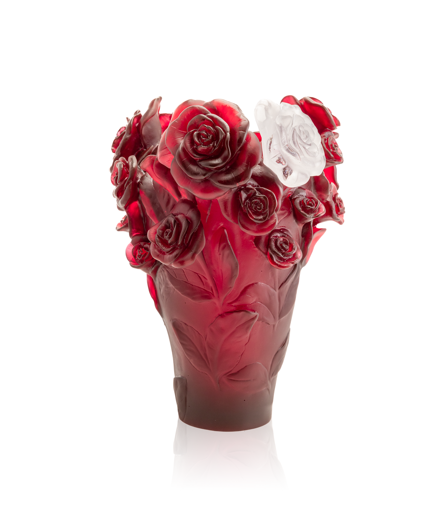 Vase Rose Passion rouge de Daum avec fleur blanche en verre, décoration élégante et artistique, 375 ex.