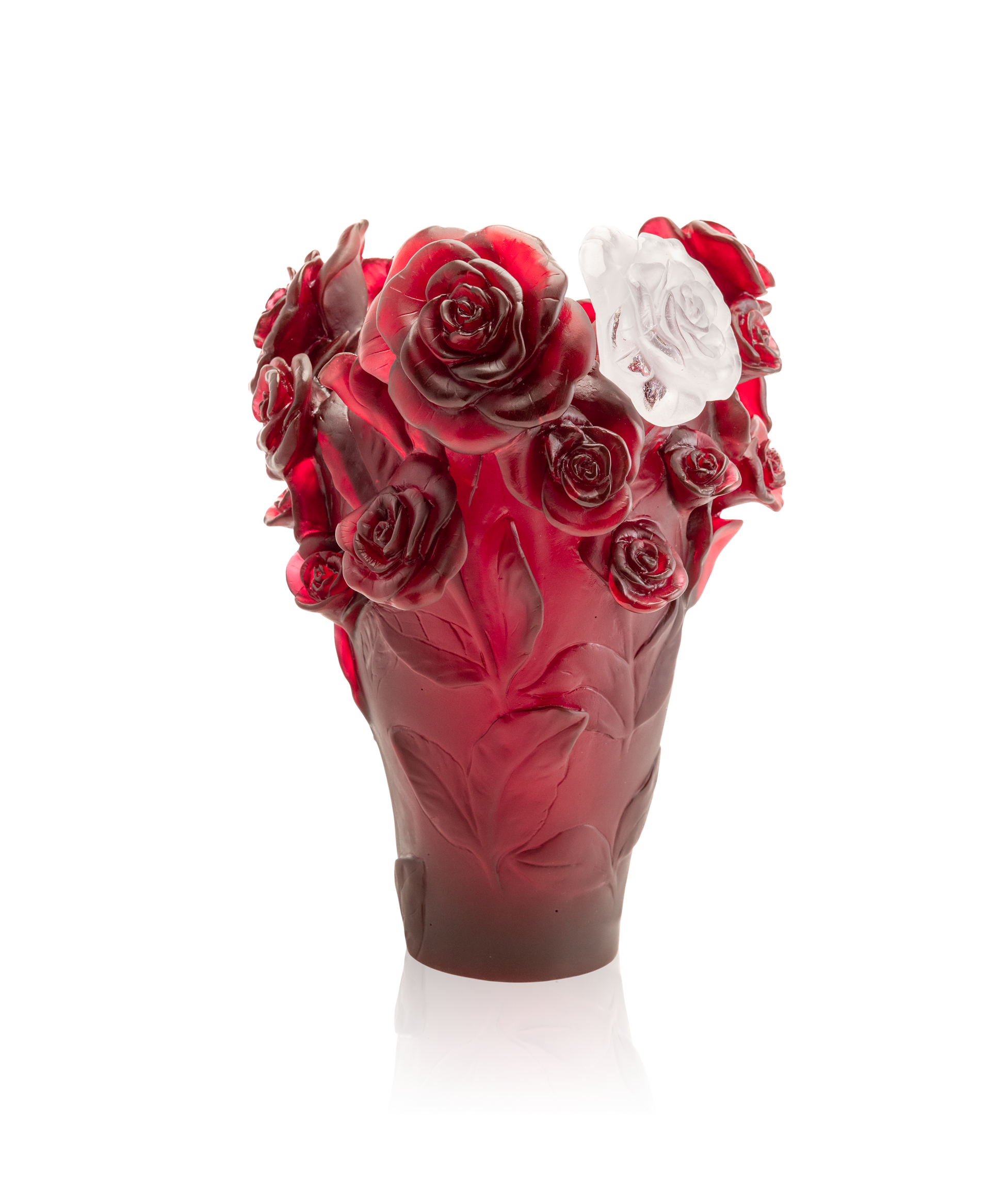 Vase Rose Passion rouge de Daum avec fleur blanche en verre, décoration élégante et artistique, 375 ex.