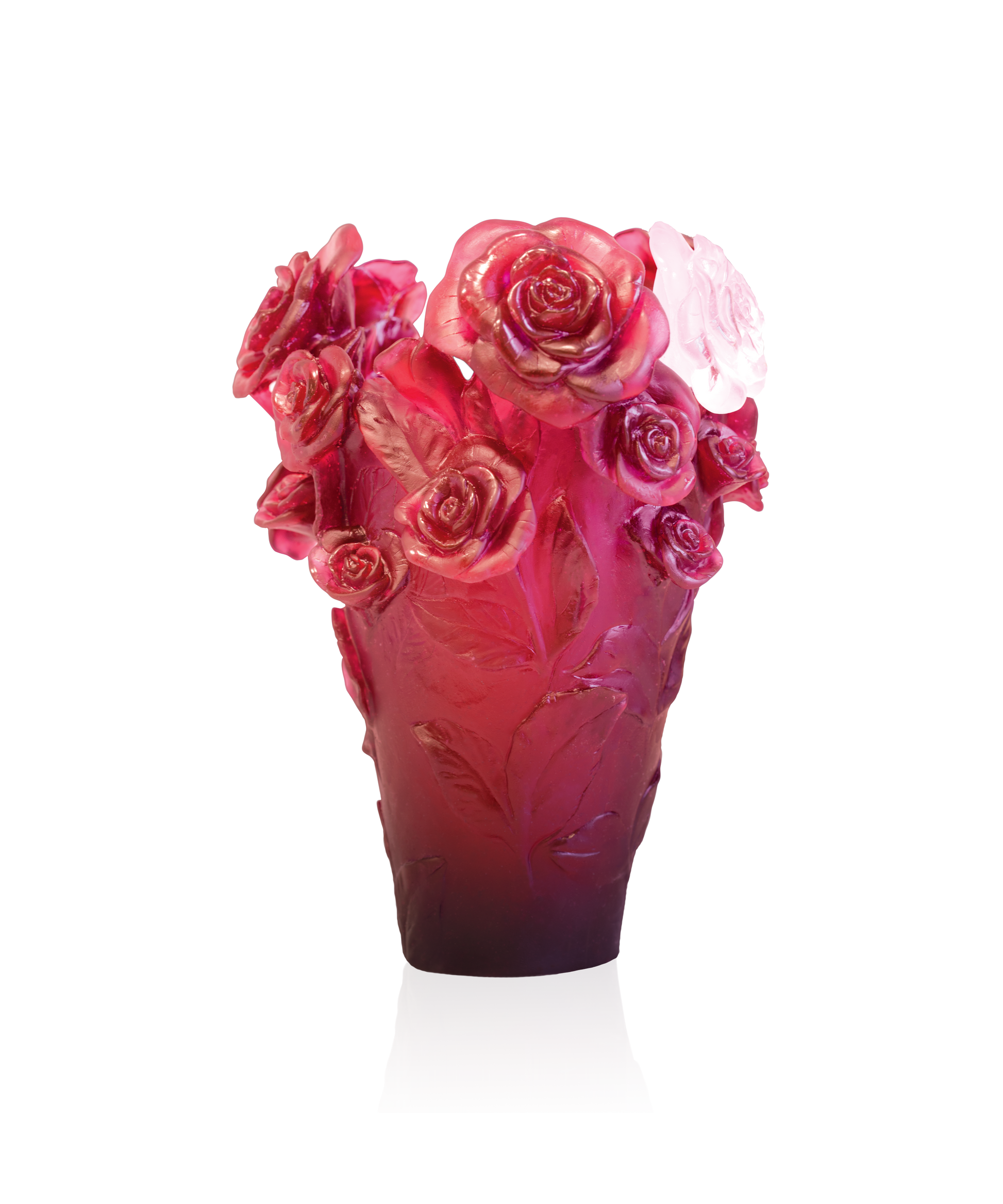Vase Rose Passion rouge de Daum avec fleur blanche en verre, décoration élégante et raffinée, 375 ex.