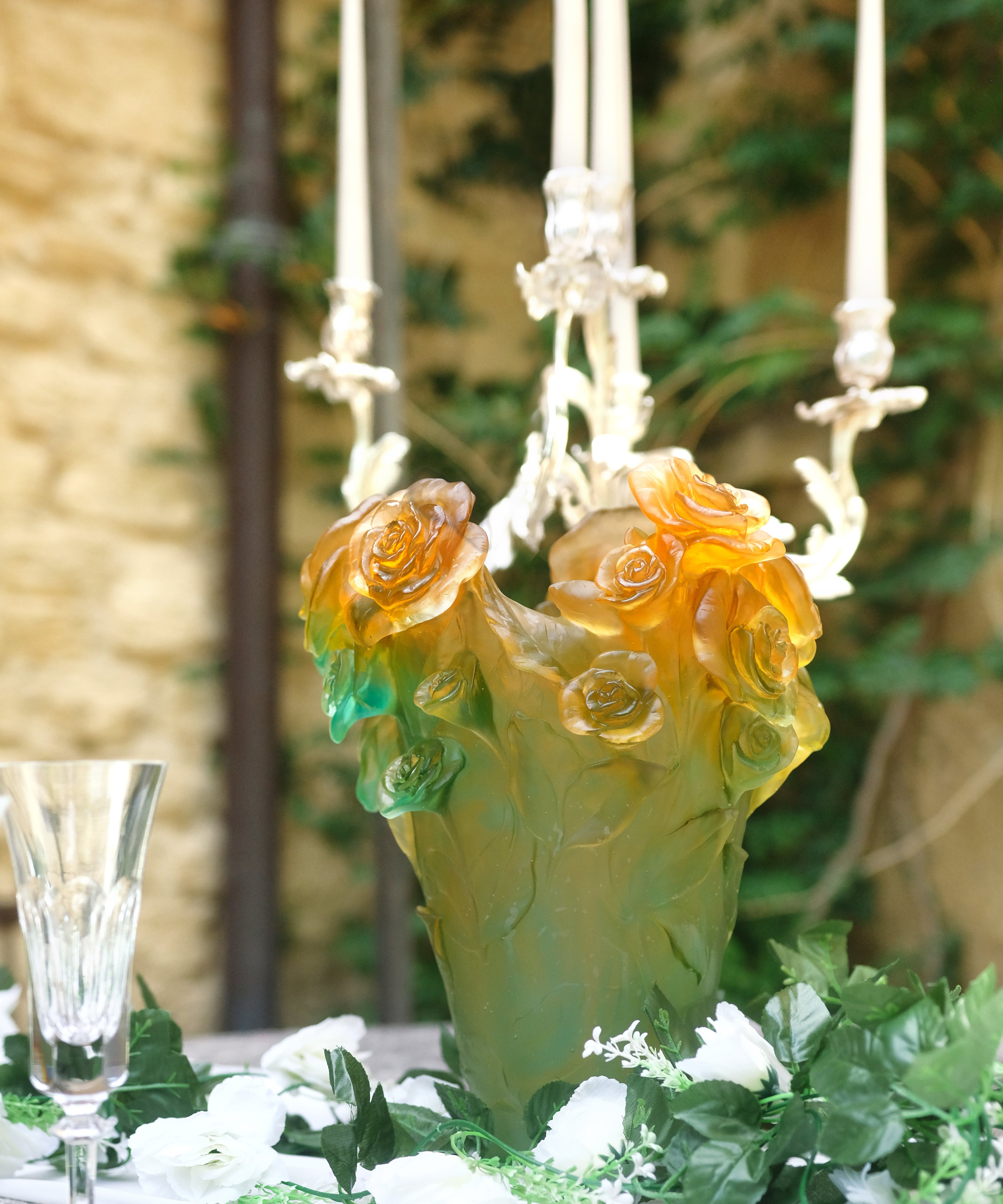 Rose Passion Vase Vert et orange - Daum