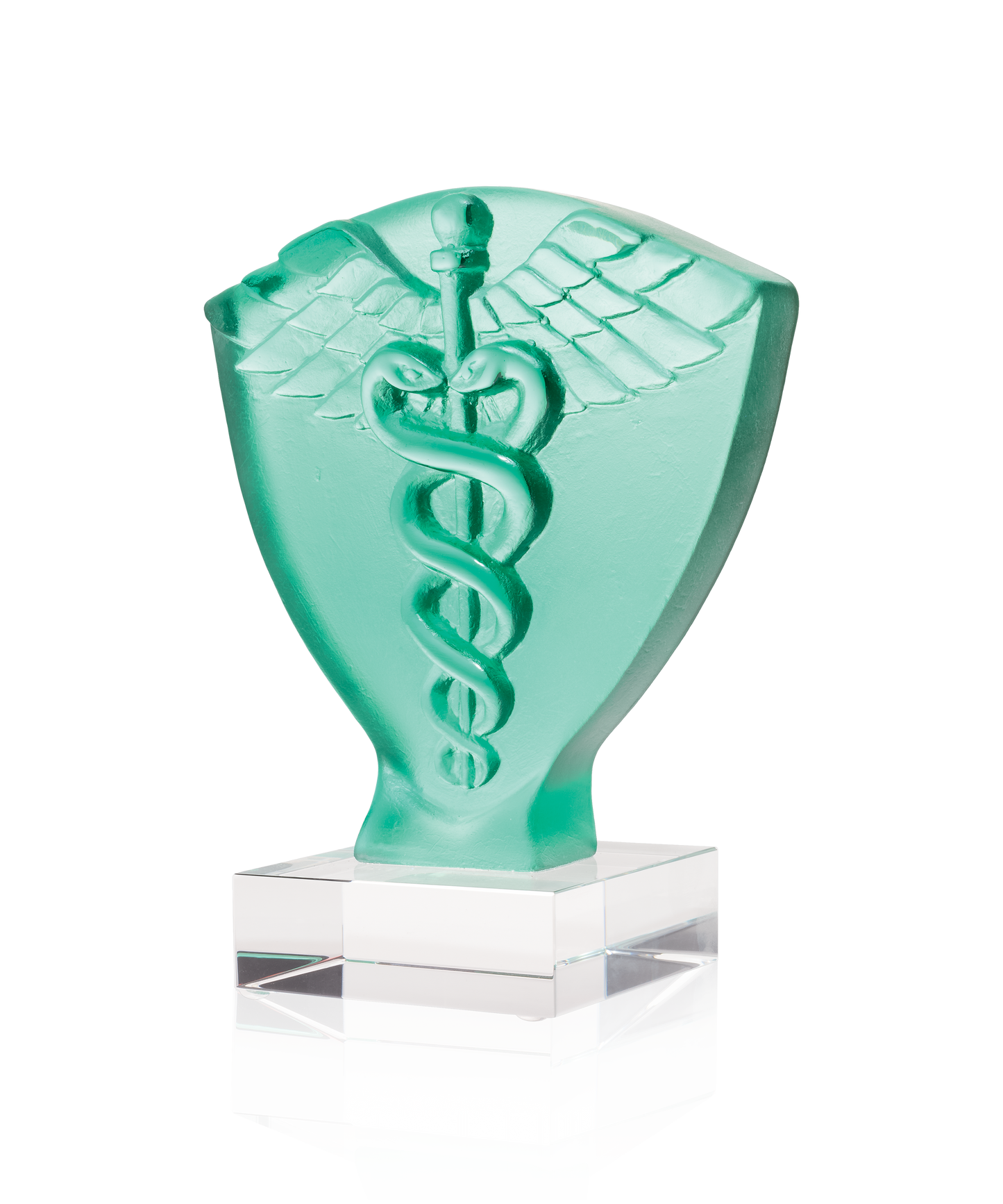 Symbole Caducée en verre Daum, pièce décorative en forme de symbole médical avec détails artistiques.