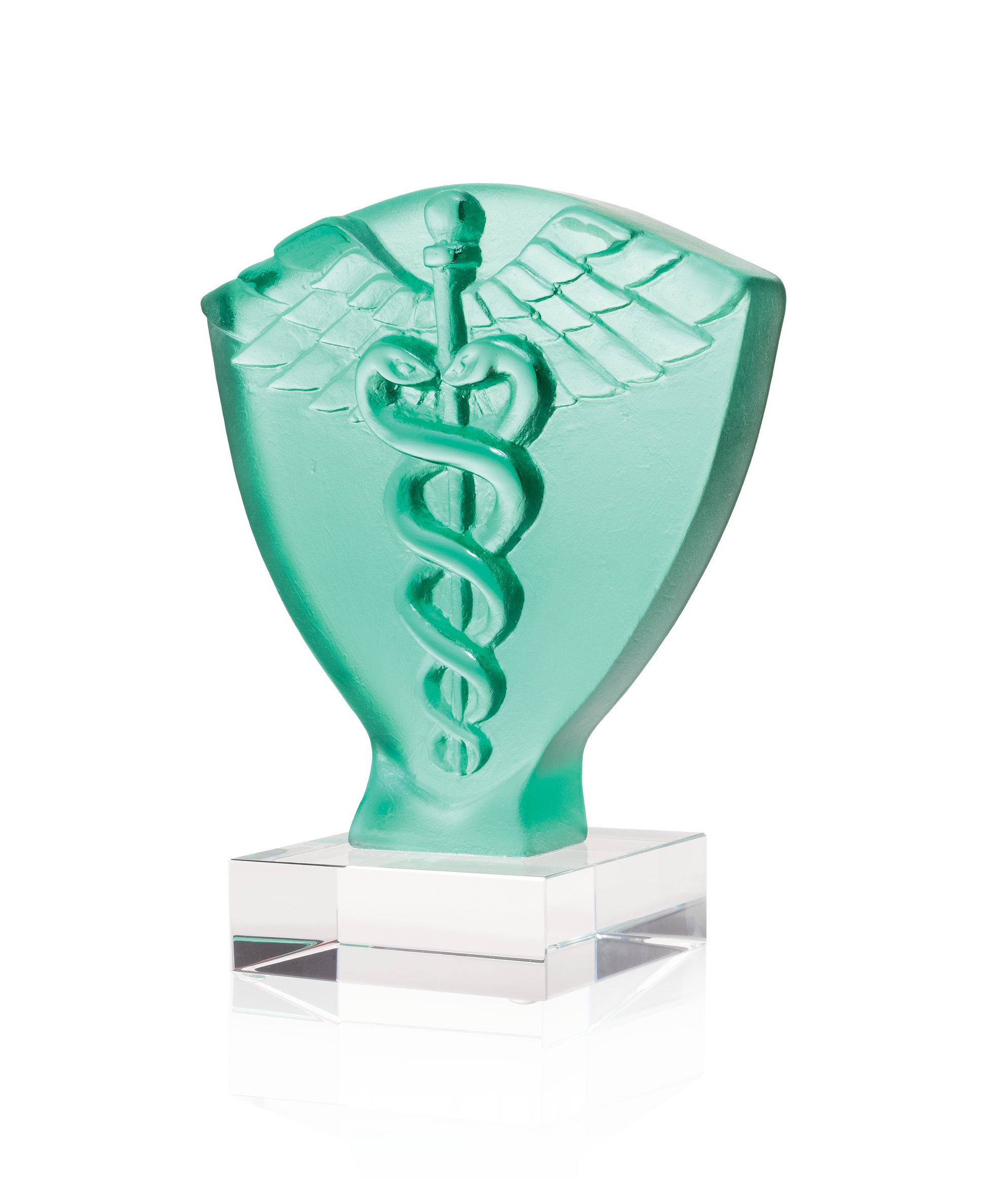 Symbole Caducée en verre Daum, pièce décorative en forme de symbole médical avec détails artistiques.