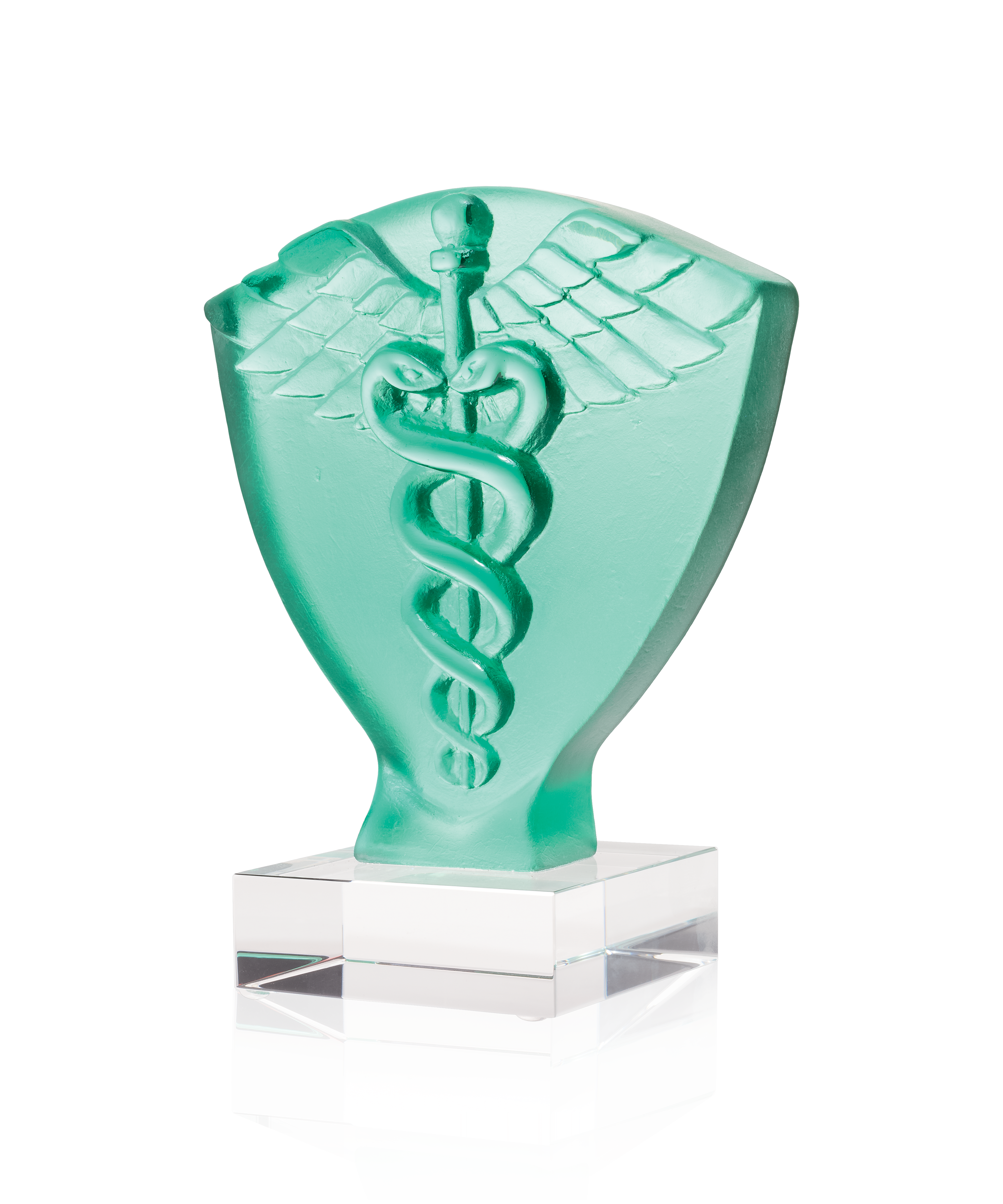 Symbole Caducée en verre Daum, pièce décorative en forme de symbole médical avec détails artistiques.