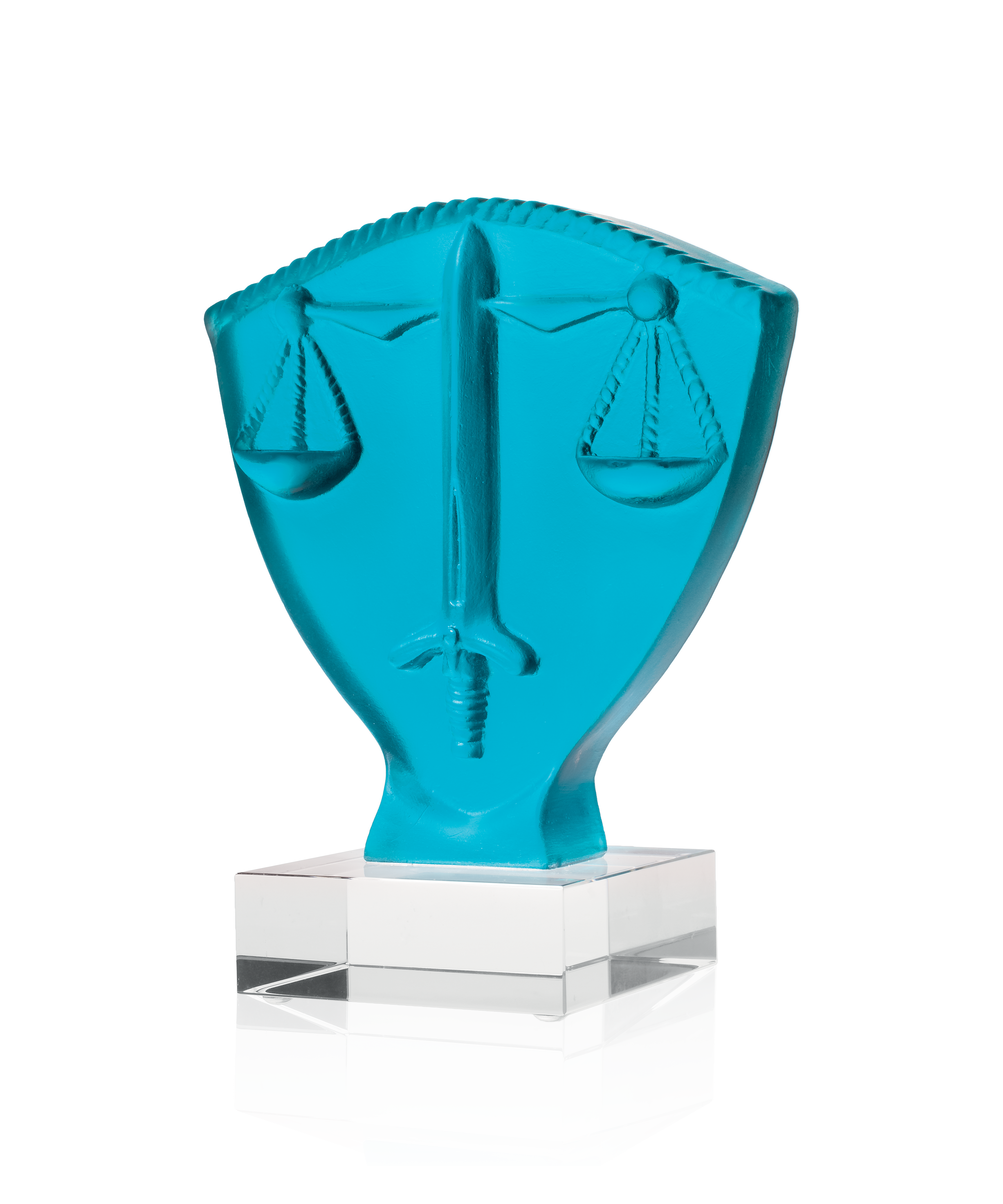 Symbole Justice en verre Daum, sculpture artistique représentant la balance et la justice, détails élégants et finition raffinée.