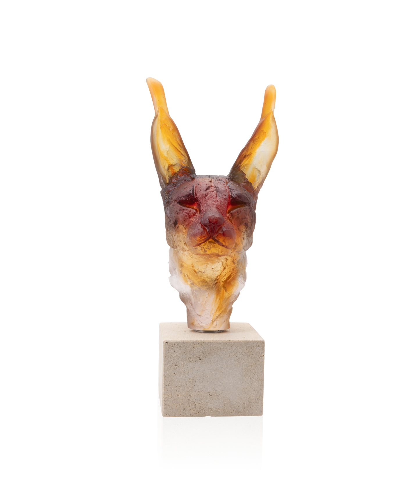 Tête de Caracal en verre de Daum, œuvre d'Isabelle Carabantes, édition limitée 75 exemplaires, sculpture d'art en verre coloré.
