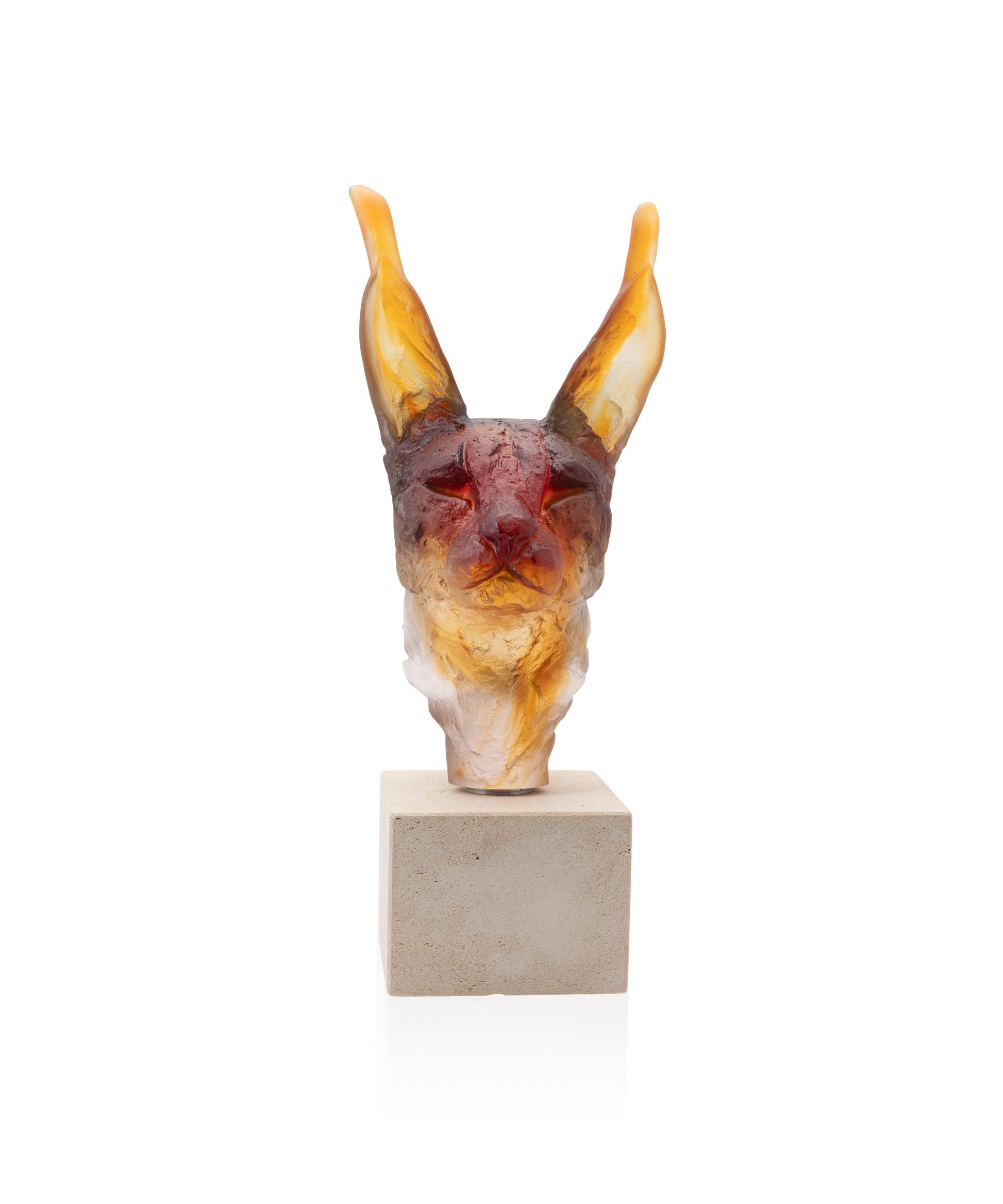 Tête de Caracal en verre de Daum, œuvre d'Isabelle Carabantes, édition limitée 75 exemplaires, sculpture d'art en verre coloré.