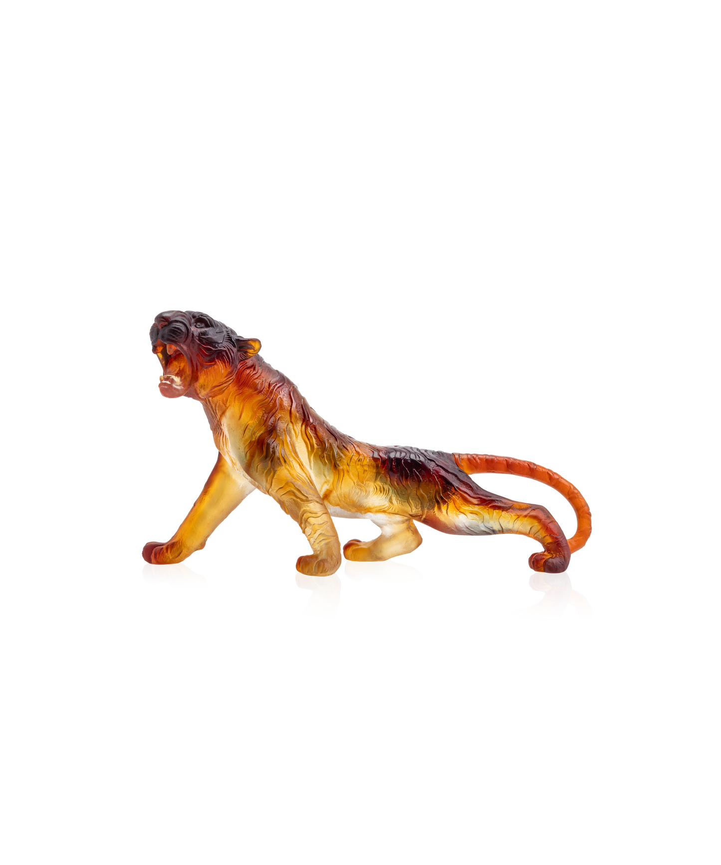 Statue de tigre du Bengale en verre Daum, détails colorés et textures réalistes, sculpture artistique en verre soufflé.