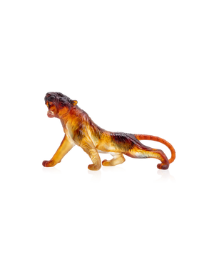 Tigre du Bengale en verre Daum, sculpture artistique détaillée avec motifs colorés sur fond transparent