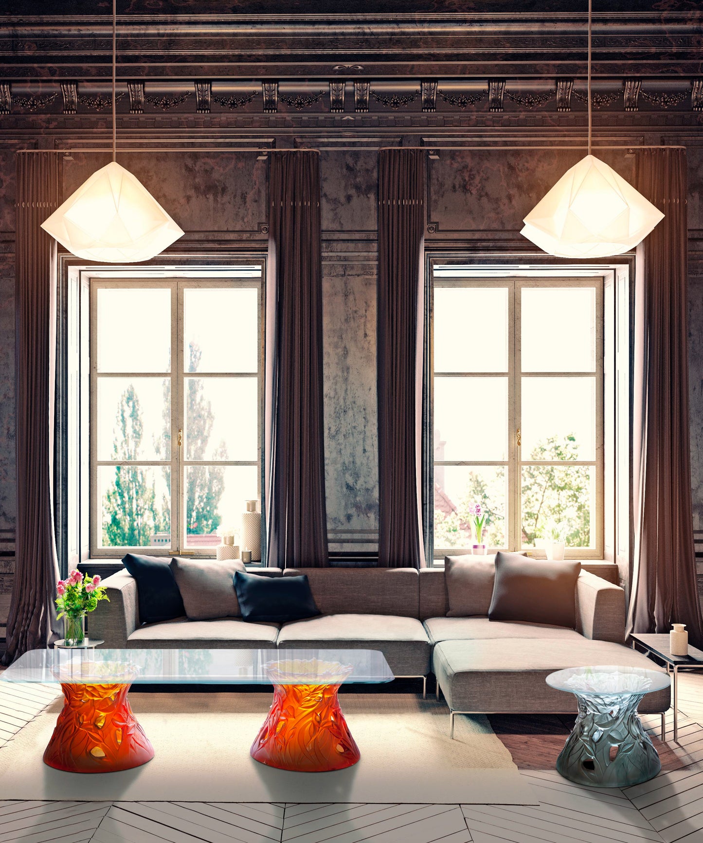 Bout de canapé végétale bleu-gris de la marque Daum, avec design élégant et détails floraux pour décoration intérieure.