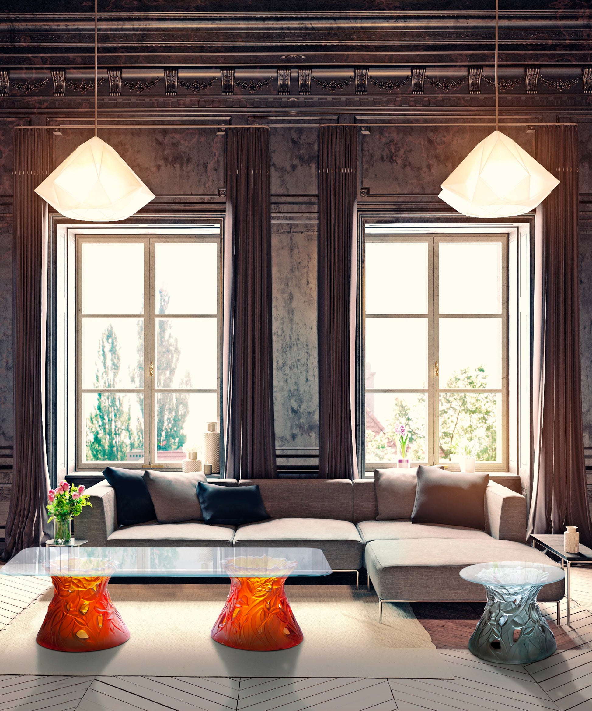 Bout de canapé végétale bleu-gris de la marque Daum, avec design élégant et détails floraux pour décoration intérieure.