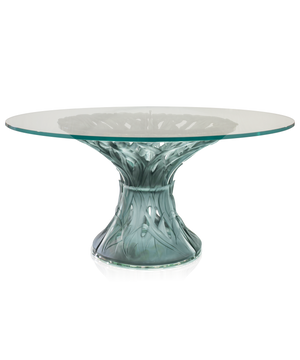 Table végétale Daum à 6 éléments en bleu-gris, design moderne avec motifs floraux en verre soufflé.