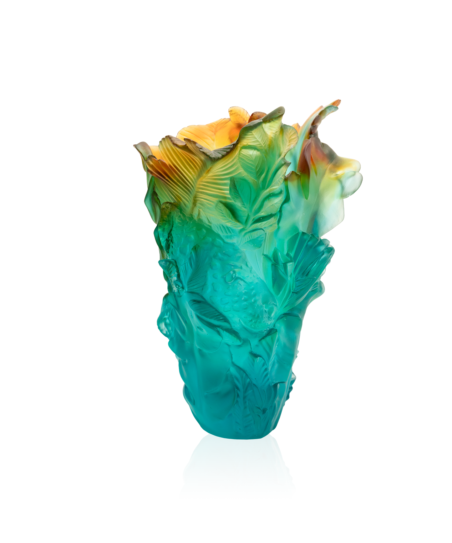 Vase Voyage Tropical grand modèle de la marque Daum, avec motif coloré et design élégant en verre soufflé.