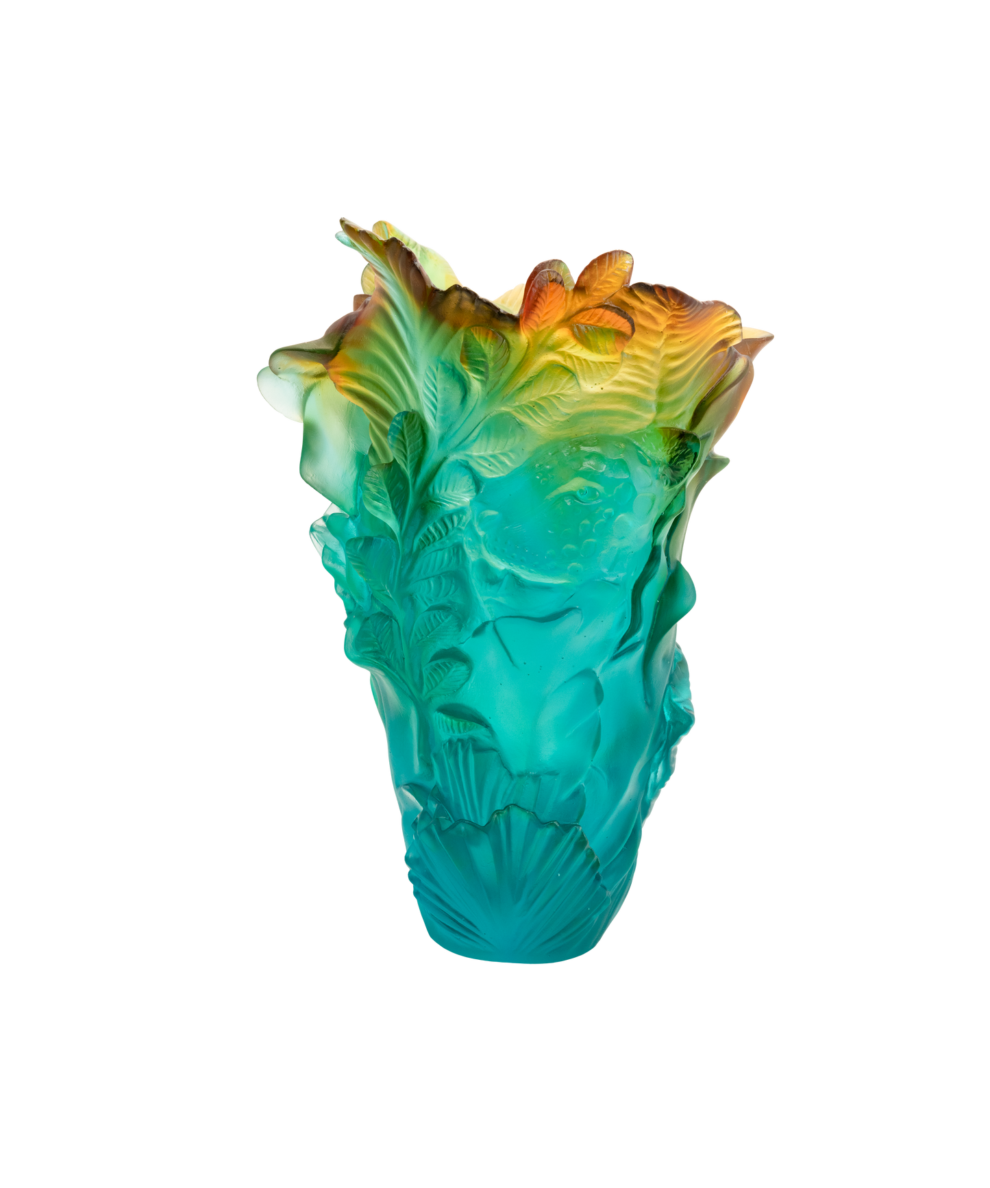 Vase Voyage Tropical grand modèle de Daum avec motif coloré et design élégant en verre soufflé.