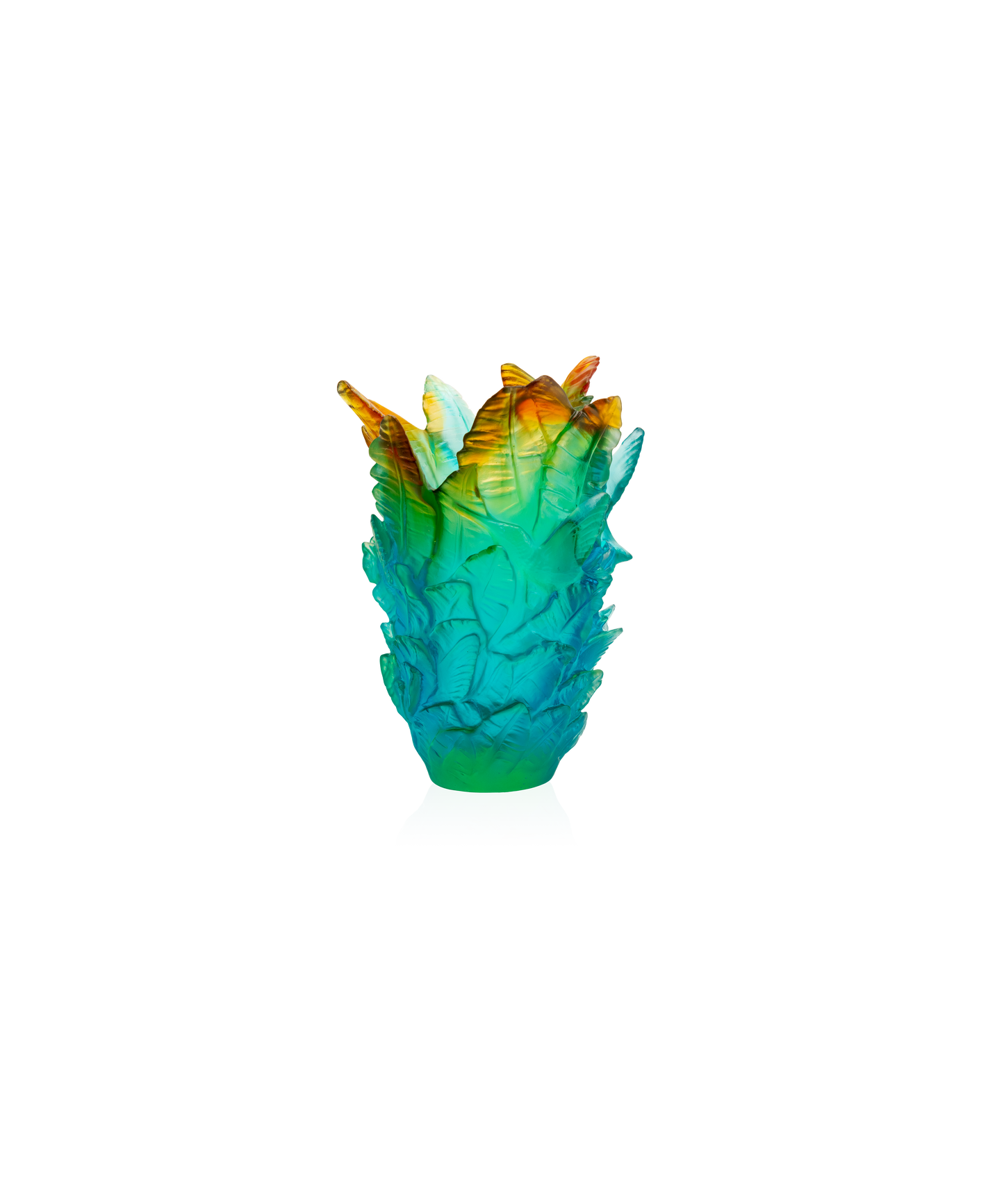 Vase Voyage Tropical Daum petit modèle avec décor coloré et motifs exotiques, en verre artistique.
