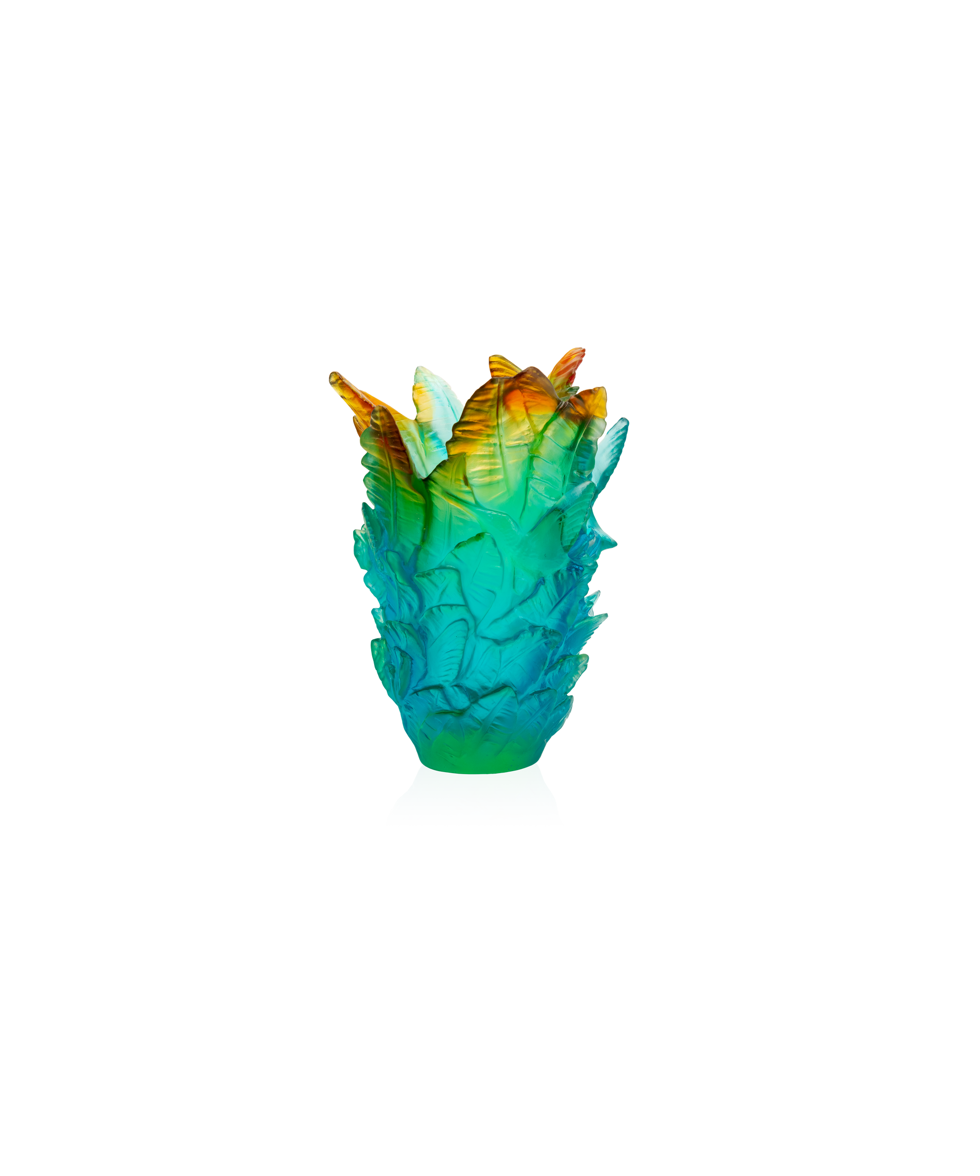 Vase Voyage Tropical Daum petit modèle avec décor coloré et motifs exotiques, en verre artistique.