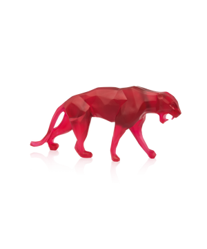 Statue de petit modèle de panthère sauvage rouge de Richard Orlinski par Daum, sculpture en verre coloré, détails artistiques.